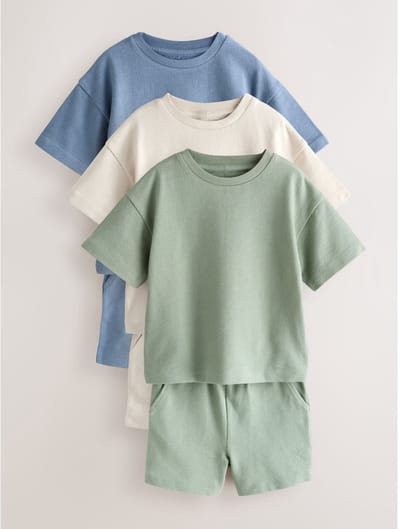 Next - Jongens - T-shirt met korte mouwen en shorts in set van 3 - Blauw