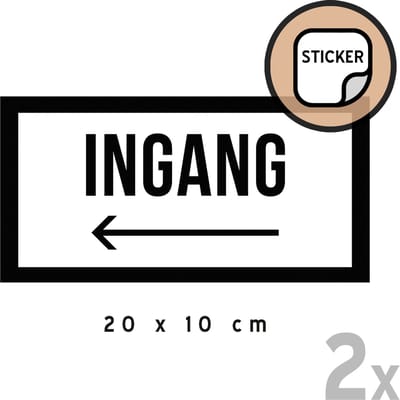 Pictogram/ stickers (2x) | "Ingang" (pijl links) | 20 x 10 cm | Inkom | Poort | Zelfklever | Voordeur | Winkel | Sticker | Zwart/ wit | 2 stuks
