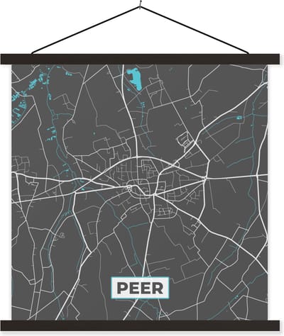 Posterhanger incl. Poster 60x60 cm - Schoolplaat - België – Peer – Stadskaart – Kaart – Blauw – Plattegrond - Textielposter - Zwarte latten - Stadskaart