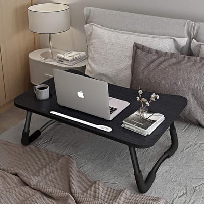 Famanu - Inklapbare laptoptafel – met 4 USB-poorten, lade, beker- & tablethouder – zwart