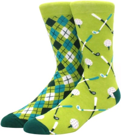 Winkrs - Golfsokken Heren/Dames - 1 paar met verschillende Sokken - Groene Ruitjes & Golfclubs en Golfballen - Maat 40 t/m 46