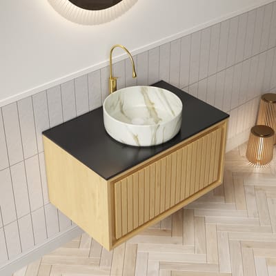 MODFU Hangend Badkamermeubel Met Opzetwastafel - Lade Met Zacht Sluitende Geleiders - Modern - Keramiek En Sintersteen - Zwart, Eikendecor En Wit