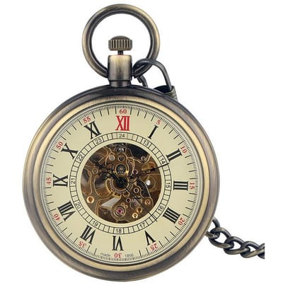 Mechanisch bronzen skelet antiek open zakhorloge