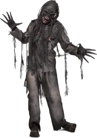 KIMU® Kostuum Zombie Verbrand Zwart Pak - The Walking Dead Zombiepak Met Masker - Skelet Brand Horror Burned Eng Geest Festival