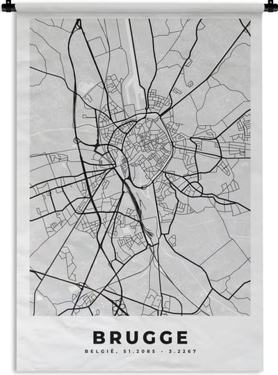 Wandkleed - Wanddoek - Stadskaart – Zwart Wit - Kaart – Brugge – België – Plattegrond - 120x180 cm - Wandtapijt