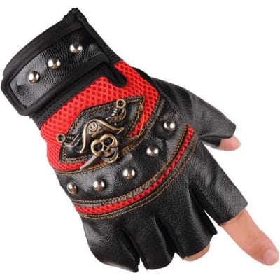 Motorhandschoenen Heren PU Piratenhoofd Handschoen Stijlvolle Trainingshandschoen Lente Herfst Ademend Streetdance Geklonken Handschoen Praktisch Gebruik rood