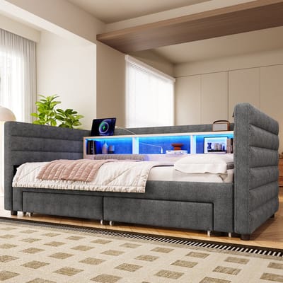 DESMIU Gestoffeerd Dagbed 90x190cm – Multifunctioneel Uitrolbed Met Ledverlichting En Usb-C Oplaadfunctie – Opberglades En Vakken – Voor Slaapkamer En Logeerkamer – Zacht Fluweel – Zonder Matras – Grijs