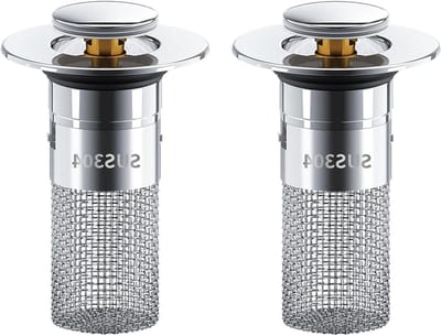 Pop-up afvoerstrainer set van 2, universele metalen afvoerplug met filter, geschikt voor badkamer en keuken, voor 28-33 mm afvoeren