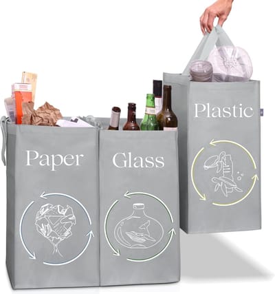 Norggo Pack of 3 Recycling System Bags - 3-Compartment Waste Separation System - Recycling Container 40 L - Waste Separation for Paper, Plastic and Glass Deposit Bottles Storage (Knoebel)