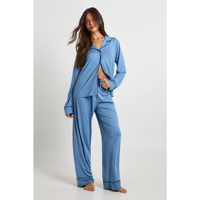 boohoo Dames Jersey Pyjama Set met Paspeldetail - Shirt met Lange Mouwen & Broek | Stoffig Blauw | Maat: 34