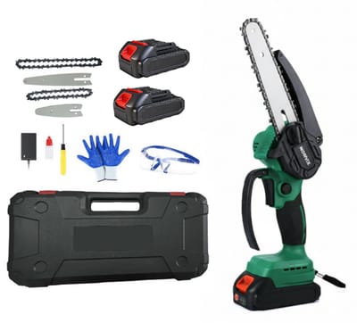 Norvix® Elektrische Mini Kettingzaag – Brushless Snoeizaag – 2 Geleiderails & 2 Kettingen – 4 & 6 Inch – 2 Accu's – Inclusief Opbergkoffer en Accessoires – Groen