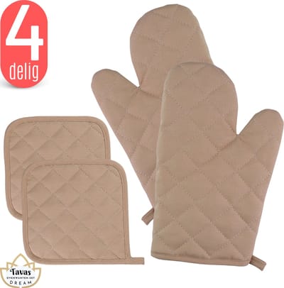Tavas DREAM Ovenwanten Set Beige Katoen Ovenwanten en Pannenlappen Ovenwanten 2 stuks Hittebestendig Pannenlappen 2 stuks Ovenhandschoenen tot 250Â°C