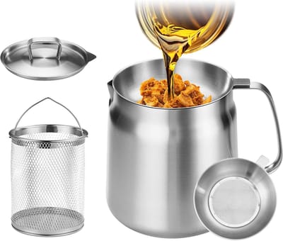 Vetpan - RVS Frituurpan & Oliefilterpan - Keukengadget -2L - SUS304 Roestvrij Staal - Inclusief Frituurmandje & Fijne Zeef - Vetresten Scheiden - Geschikt voor Gas - Zilver