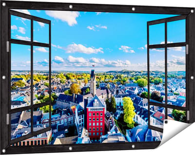 Gards Tuinposter Doorkijk Maastricht Stad met Huizen - 120x80 cm - Tuindoek - Tuindecoratie - Wanddecoratie buiten - Tuinschilderij