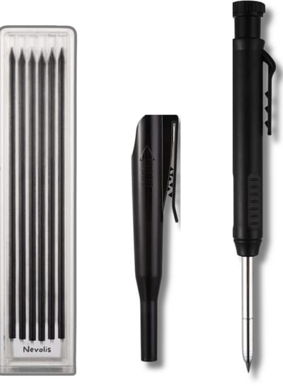 Nevolis® mechanische timmermanspotloden met 6 vullingen – stevig, met ingebouwde puntenslijper – diep gat markeren, houtbewerking, bouw, schetsen & tekenen – automatische bouwpotlood (zwart)