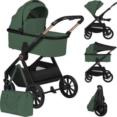 Lionelo Layla 2in1 Kinderwagen XXL Set – Reiswieg & Wandelwagen – Grote All-Terrain Wielen met Vering – XXL Zitje tot 22 kg – Panoramische 3D-Ventilatie – AiryDots Matras – Eenhandige Bediening – UPF50+ – Complete Accessoireset