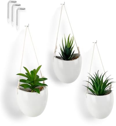 Set van 3 Kunstplanten in Wandvazen van Keramiek - Kleine Hangplanten incl. Spijkers