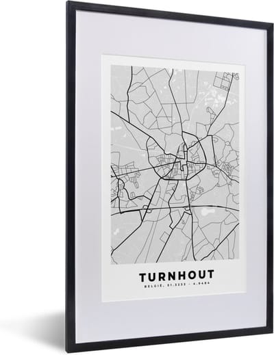 Fotolijst incl. Poster Zwart Wit- Zwart Wit – België – Plattegrond – Stadskaart – Kaart – Turnhout - 40x60 cm - Posterlijst