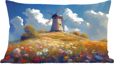 Sierkussens - Kussentjes Woonkamer - 60x40 cm - Windmolen - Heuvel - Bloemen - Kleurrijk
