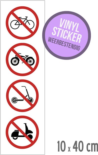 Pictogram/ vinyl sticker | Verboden voor fatbikes/ fietsen/ steps/ bromfietsen | 10 x 40 cm | Hoogwaardige zelfklever | Watervast | Overlast | Fietsers | E-step | Tweewielers | Zelfklevend | 1 stuk
