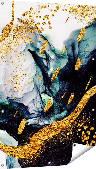 Gards Tuinposter Abstracte Kunst - Zwart Wit met Gouden Strepen - 80x120 cm - Tuindoek - Tuindecoratie - Wanddecoratie buiten - Tuinschilderij