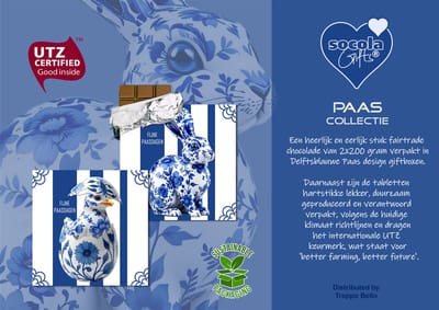 SoCoLa Fairtrade Chocolade tabletten Paas – Fijne Paasdagen – Pasen – Paashaas – Paaskuiken – Giftboxen - Chocoladekado – Chocolade geschenk – Persoonlijk cadeau - Voor Hem en Haar – Voor man en Vrouw – (Melk Chocolade Repen 4 x 100 gram)