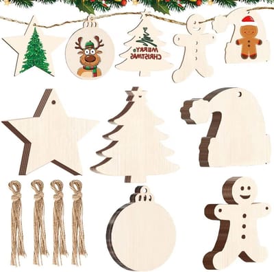 Dailygoods - 40 Stuks Doe-Het-Zelf Kerstdecoratie: Kersthangers, Cadeauhangers, Sneeuwvlokken van Hout - Knutselen, Dennenversiering, Boomversiering