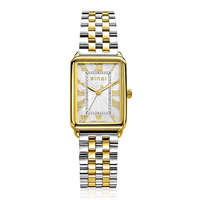 ZINZI Elegance bicolor horloge witte wijzerplaat en rechthoekige goudkleurige kast en bicolor stalen schakelband 28mm extra dun ZIW1907