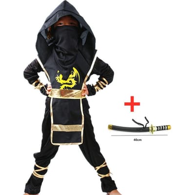 Costume de ninja de luxe pour enfants avec accessoires d'armes, tenue de kung-fu pour enfants, idées cadeaux d'Halloween avec jouets à baïonnette M(110-120CM)&Anime movies black