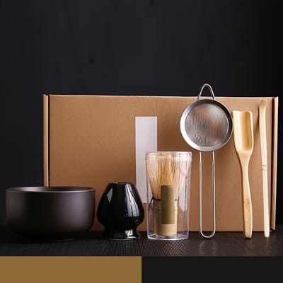 6-Delige Bamboe Matcha Set Zwart – Inclusief Kom, Klopper, Zeef & Accessoires – Traditionele Theeceremonie