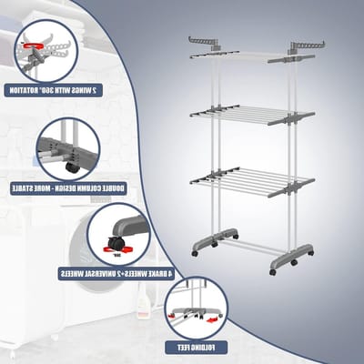 Vouwbaar droogrek met 6 uitschuifbare vleugels op 3 niveaus, ruimtebesparend en extensief van 66-130 cm, ideaal voor binnen en buiten gebruik