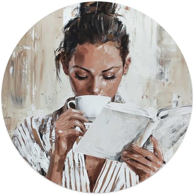 Glasschilderij Ochtendkoffie met een Boek I - Ø 50 - Glas - REINDERS