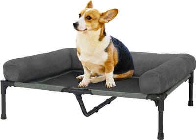 BingoPaw verkoelend verhoogd hondenbed - Verhoogd hondenbed voor buiten - met ademende mat en zachte pluche matten voor buiten, zwembad en tuin - Grijs - XL 110x80cm