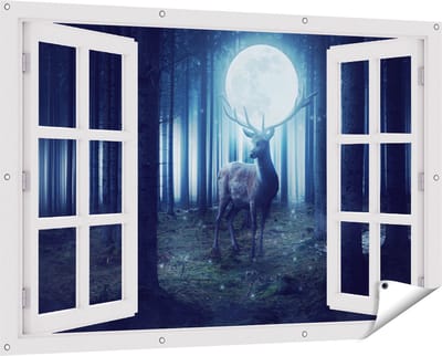 Gards Tuinposter Doorkijk Hert in het Bos tijdens Volle Maan - 150x100 cm - Tuindoek - Tuindecoratie - Wanddecoratie buiten - Tuinschilderij