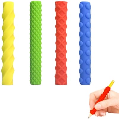 OIMG Potlood Grip - 4 Stuks - potloodgrips - Teken Hulp - siliconen potloodhoesjes - herbruikbaar - Ronde foam gripper met ribbels - educatieve hulpmiddelen - Penverdikker - Pengreep Hulp - voor rechts- of linkshandig gebruik - Stijl 2
