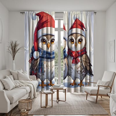 Ensemble de 2 pièces HD Couple de poussins avec chapeau de Père Noël Rideau décoratif Rideau imprimé numérique à nouer blanc Style Décoration de la maison Décoré W52H63inchW132H160cm white