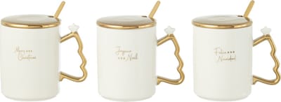 J-Line kop + lepeltje Kerst - keramiek - wit/goud - 3 stuks