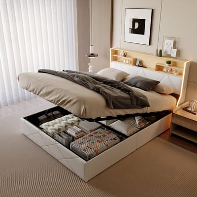 Tweepersoonsbed 160x200 cm – Hydraulisch Opbergbed met LED, USB & Type-C, Hoofdbord met Opbergruimte, Wit, PU