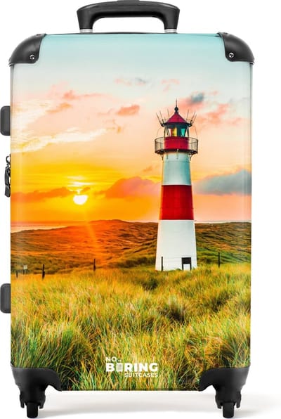 NoBoringSuitcases.com® - Koffer groot - Rolkoffer lichtgewicht - Vuurtoren bij zonsondergang - Reiskoffer met 4 wielen - Grote trolley XL - 20 kg bagage
