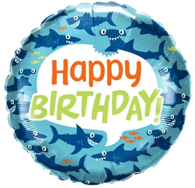 Folieballon Happy Birthday Grappige Haaien - flat = 45 cm (18")