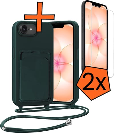 Hoesje Geschikt voor iPhone 17e Hoes Met Telefoonketting Met 2x Screenprotector - Backcover Geschikt voor iPhone 17e Case Met Koord - Donkergroen
