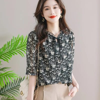 Bloemen Chiffon Shirt Lente Herfst Nieuw Onderhemd Dames T-shirt met Lange Mouwen Top XL
