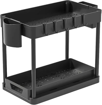 Plank - Opbergrek onder de gootsteen - 2 lagen - met laden en haken - Keukenopbergrek - 39,5×21,5×26 cm - Uittrekbaar - Opbergrek - Geschikt voor badkamers, aanrechtbladen en wasruimtes - Multifunctioneel opbergrek - Zwart