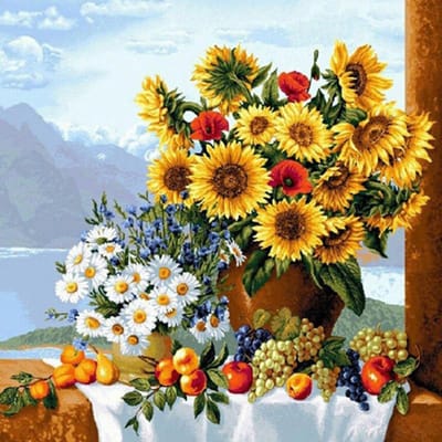 Broderie Point de Croix Tournesol & Marguerite Décoration d'Intérieur Cadeau Rond 3D DIY Peinture Diamant Point de Croix 30x30CM yellow