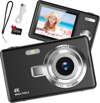 Camera - Digitale camera 1080p Full HD 44MP met 2,4 inch LCD-scherm - 16x digitale zoom - Compacte draagbare vlogcamera - Met 32 ​​GB SD-kaart - Voor kinderen - Tieners - Studenten en beginners (zwart)
