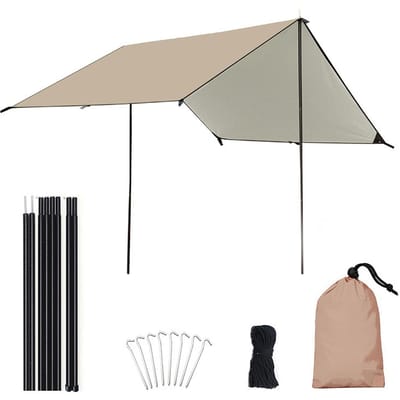 Auvent de Camping avec poteaux, Protection UV étanche, pare-soleil, Camping en plein air, randonnée, sac à dos 3x5 m kaki