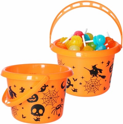 Fiestas Guirca Trick or treat snoep emmertje - 2x - horror thema - oranje - 18 x 16 cm - Halloween snoepjes ophalen