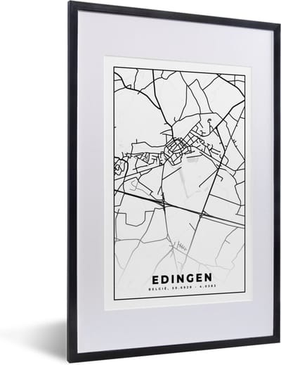 Fotolijst incl. Poster Zwart Wit- Stadskaart – Plattegrond – België – Zwart Wit – Edingen – Kaart - 40x60 cm - Posterlijst