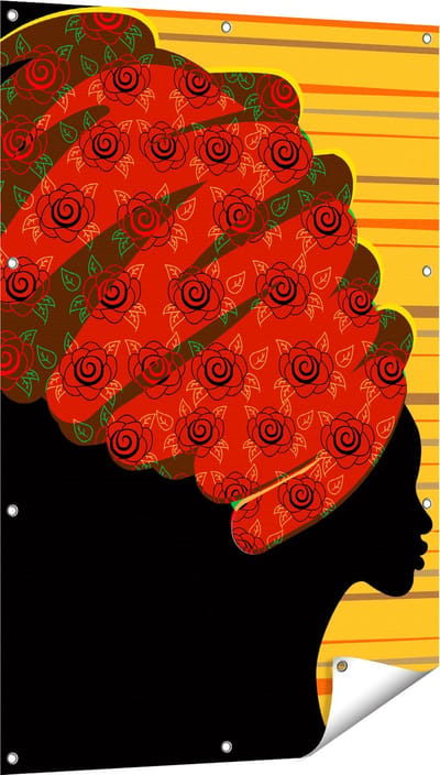 Gards Tuinposter Afrikaanse Vrouw met Bloemen Tulband - Abstract - 80x120 cm - Tuindoek - Tuindecoratie - Wanddecoratie buiten - Tuinschilderij