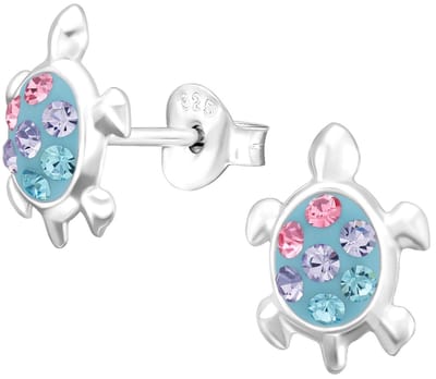 Joy|S - Zilveren schildpad oorbellen - 9 x 11 mm - zilver blauw met gekleurde kristalletjes - kinderoorbellen